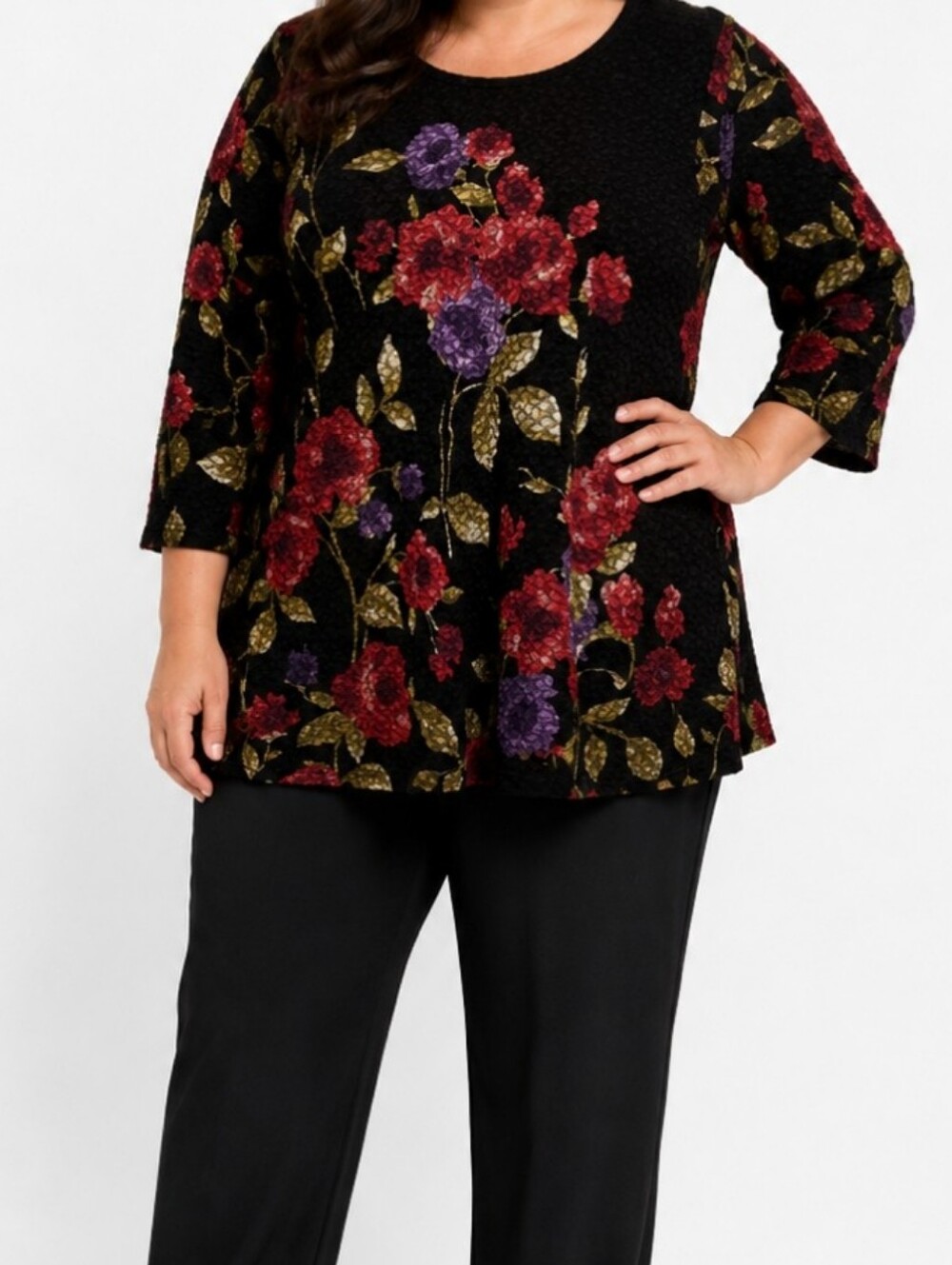 Alison Daley Floral Textured Tunic Top Black Red Purple Roses Large Four Season